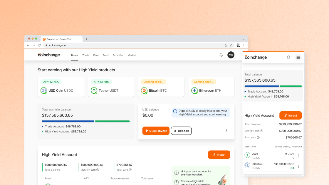 Coinchange yield platform dashboard with portfolio and account details.
