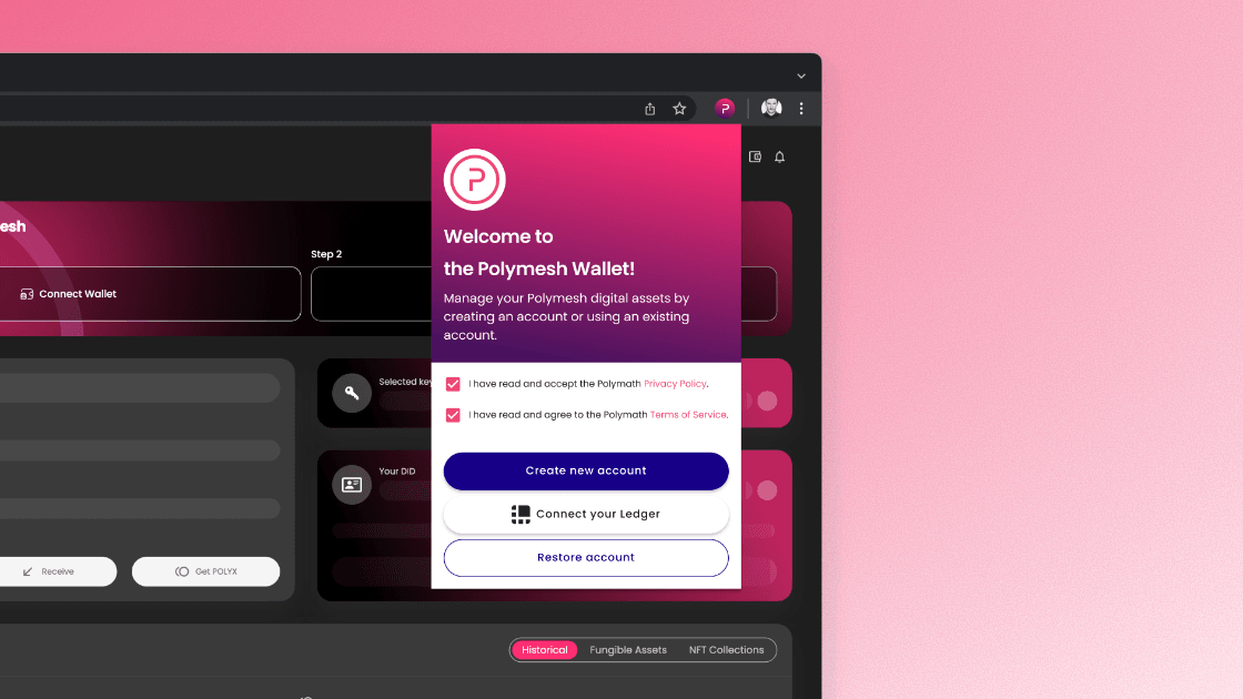 Polymesh Wallet browser extension onboarding and account creation screens.