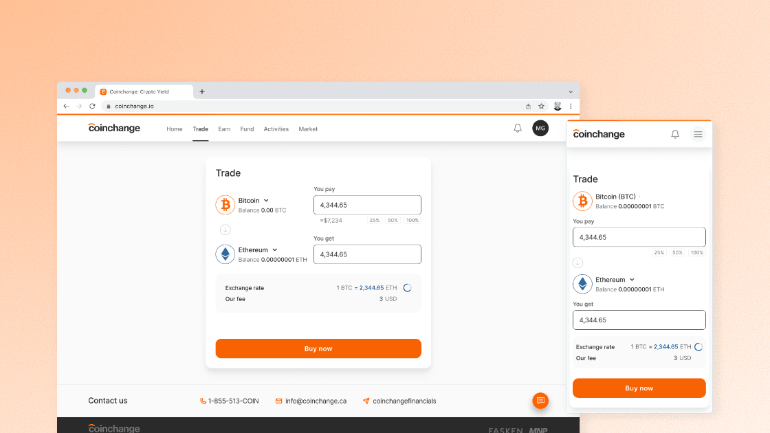 Coinchange desktop interface showing a deposit flow.