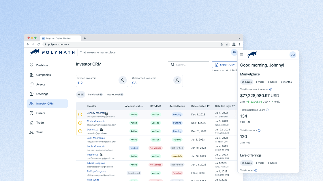 Polymath asset-management interface with an offering table.