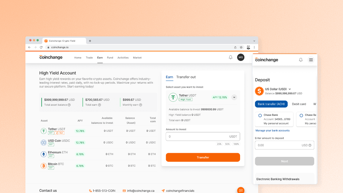 Coinchange yield strategy dashboard with account balances and activity.