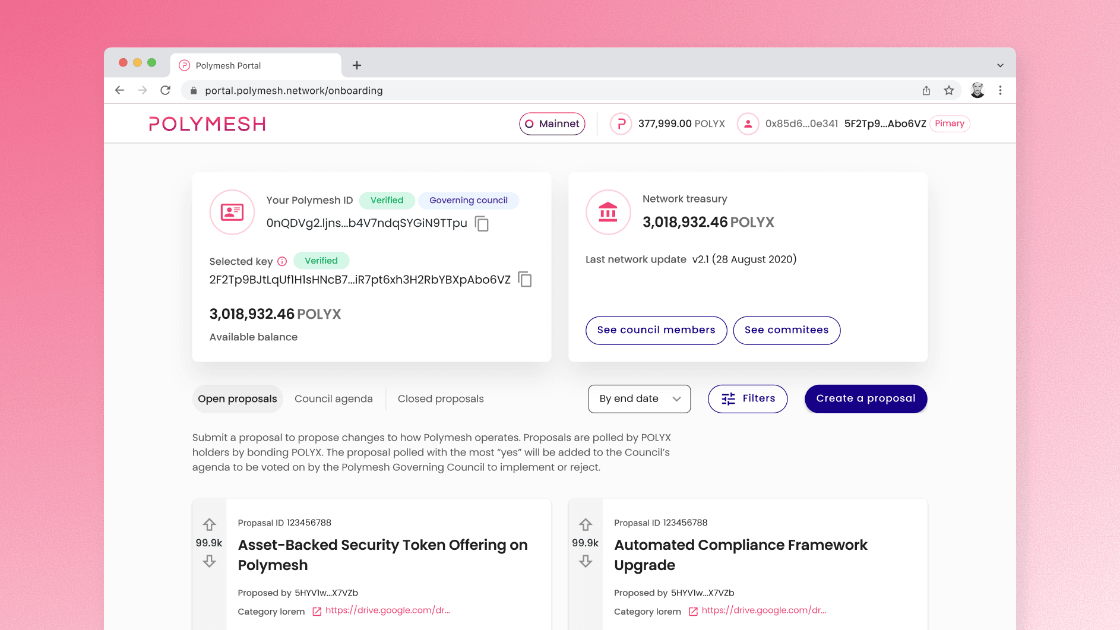 Polymesh network portal displaying token and governance information.