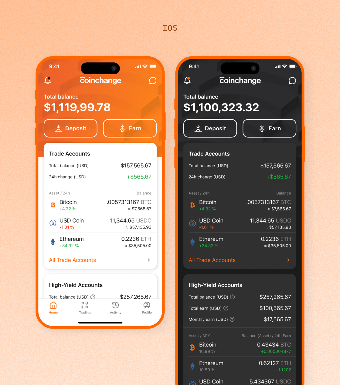 Coinchange mobile app account overview in light and dark themes.