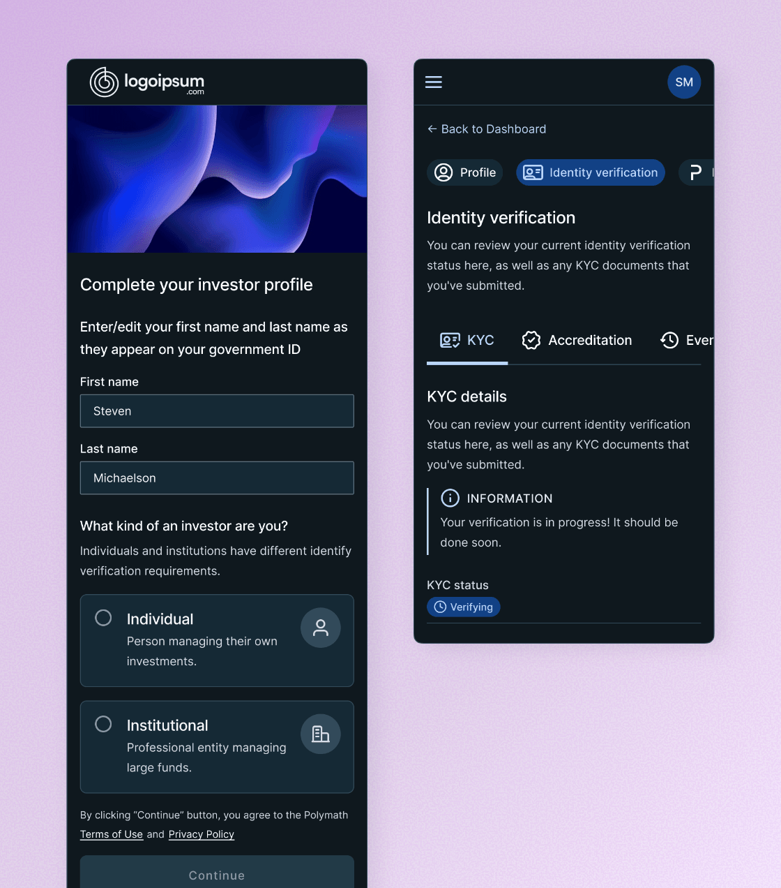 Polymath mobile investor onboarding and identity verification screens.