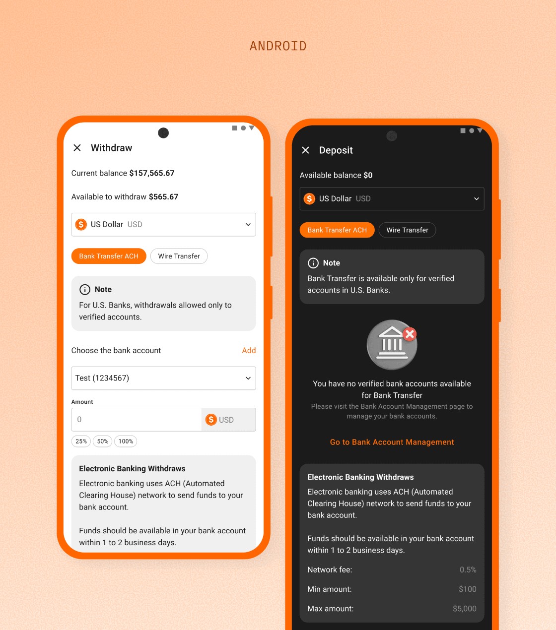 Coinchange mobile banking and account-management screens.